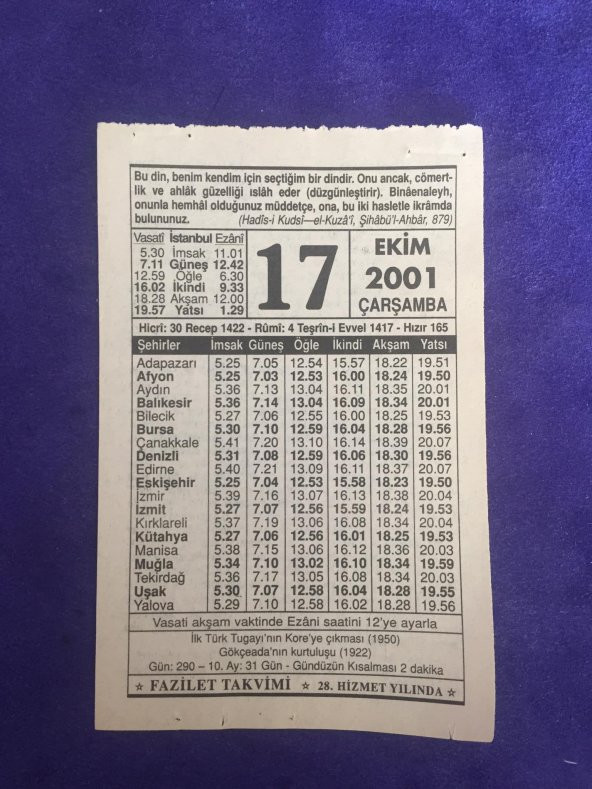 17 Ekim 2001 Takvim Yaprağı - Nostalji Koleksiyonluk Takvim Yaprağı ürün görseli