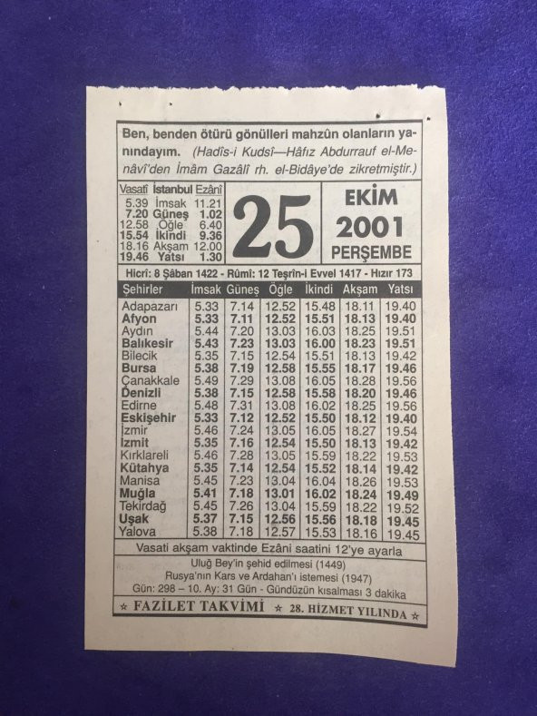 25 Ekim 2001 Takvim Yaprağı - Nostalji Koleksiyonluk Takvim Yaprağı ürün görseli