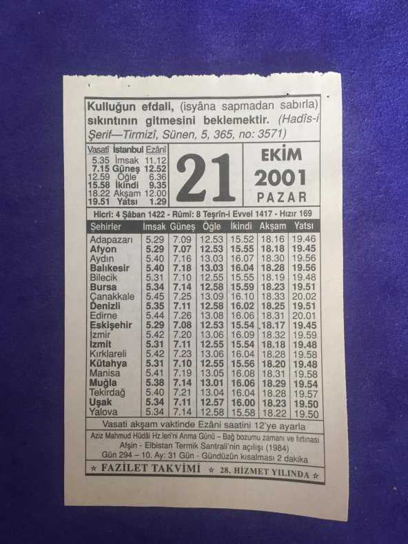 21 Ekim 2001 Takvim Yaprağı - Nostalji Koleksiyonluk Takvim Yaprağı ürün görseli