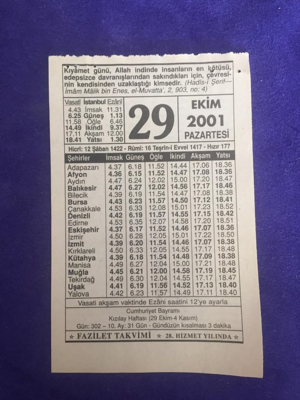 29 Ekim 2001 Takvim Yaprağı - Nostalji Koleksiyonluk Takvim Yaprağı ürün görseli