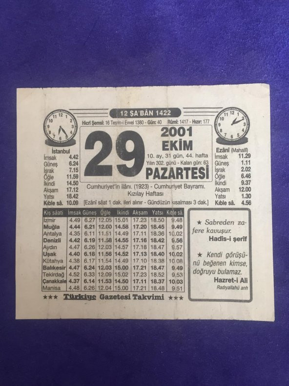 29 Ekim 2001 Takvim Yaprağı - Nostalji Koleksiyonluk Takvim Yaprağı B ürün görseli
