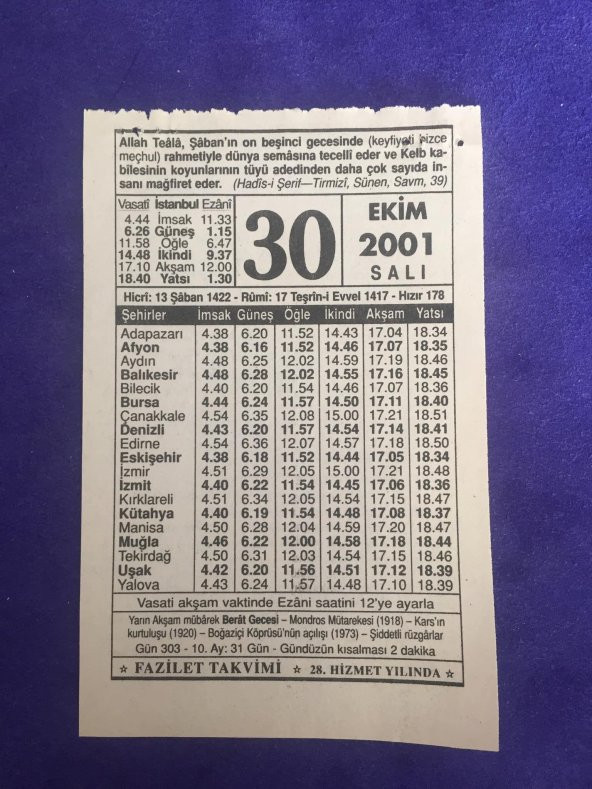 30 Ekim 2001 Takvim Yaprağı - Nostalji Koleksiyonluk Takvim Yaprağı ürün görseli