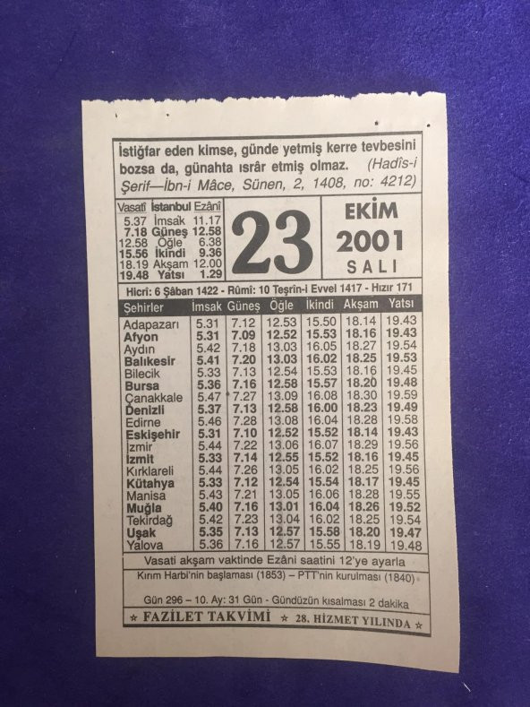 23 Ekim 2001 Takvim Yaprağı - Nostalji Koleksiyonluk Takvim Yaprağı ürün görseli