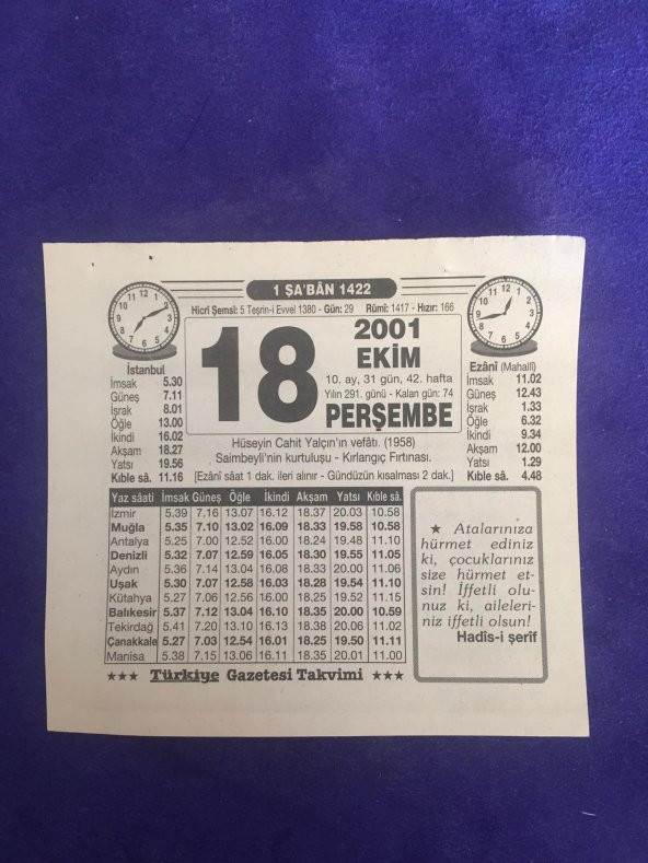 18 Ekim 2001 Takvim Yaprağı - Nostalji Koleksiyonluk Takvim Yaprağı B ürün görseli