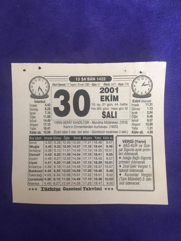 30 Ekim 2001 Takvim Yaprağı - Nostalji Koleksiyonluk Takvim Yaprağı B ürün görseli