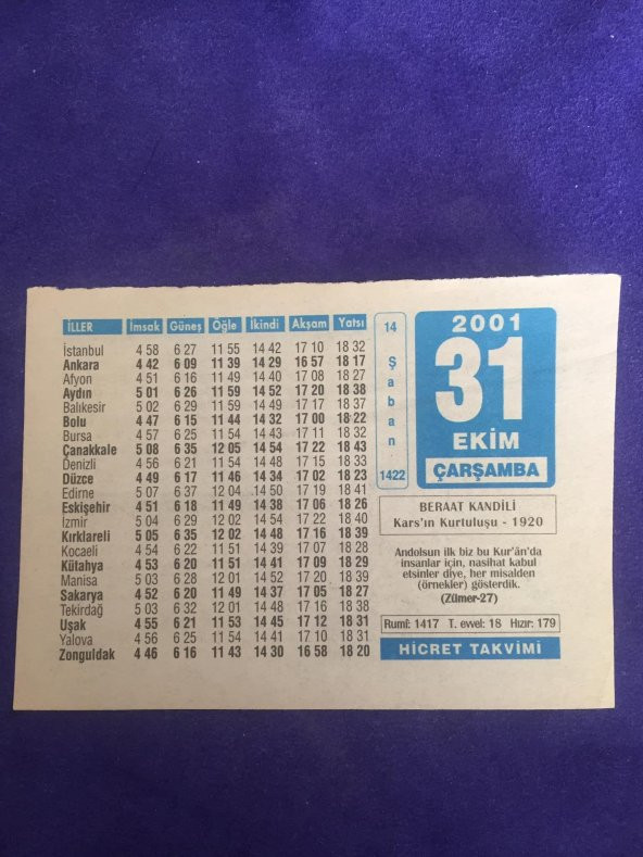 31 Ekim 2001 Takvim Yaprağı - Nostalji Koleksiyonluk Takvim Yaprağı B ürün görseli