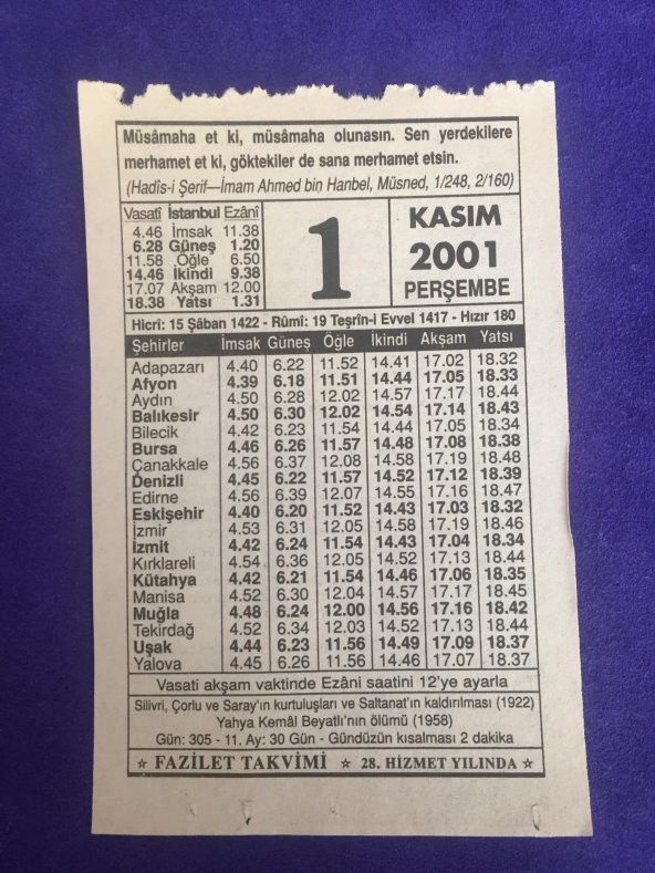 1 Kasım 2001 Takvim Yaprağı - Nostalji Koleksiyonluk Takvim Yaprağı ürün görseli