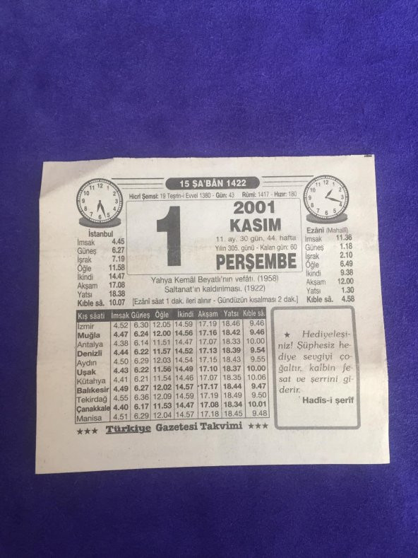 1 Kasım 2001 Takvim Yaprağı - Nostalji Koleksiyonluk Takvim Yaprağı C ürün görseli