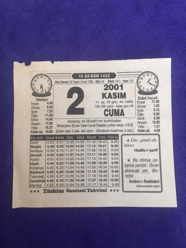 2 Kasım 2001 Takvim Yaprağı - Nostalji Koleksiyonluk Takvim Yaprağı B ürün görseli