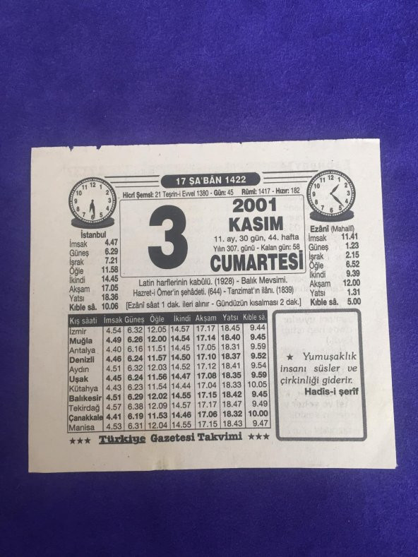 3 Kasım 2001 Takvim Yaprağı - Nostalji Koleksiyonluk Takvim Yaprağı B ürün görseli