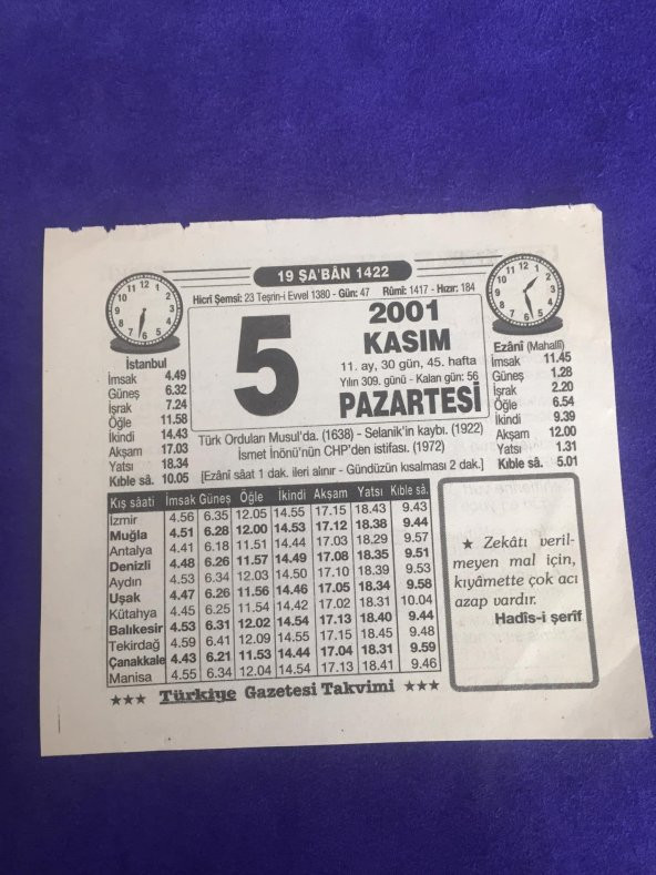 5 Kasım 2001 Takvim Yaprağı - Nostalji Koleksiyonluk Takvim Yaprağı B ürün görseli