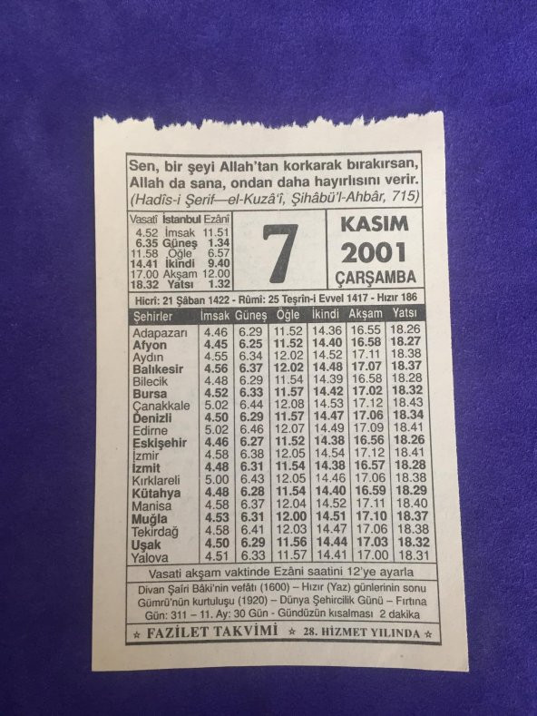 7 Kasım 2001 Takvim Yaprağı - Nostalji Koleksiyonluk Takvim Yaprağı ürün görseli