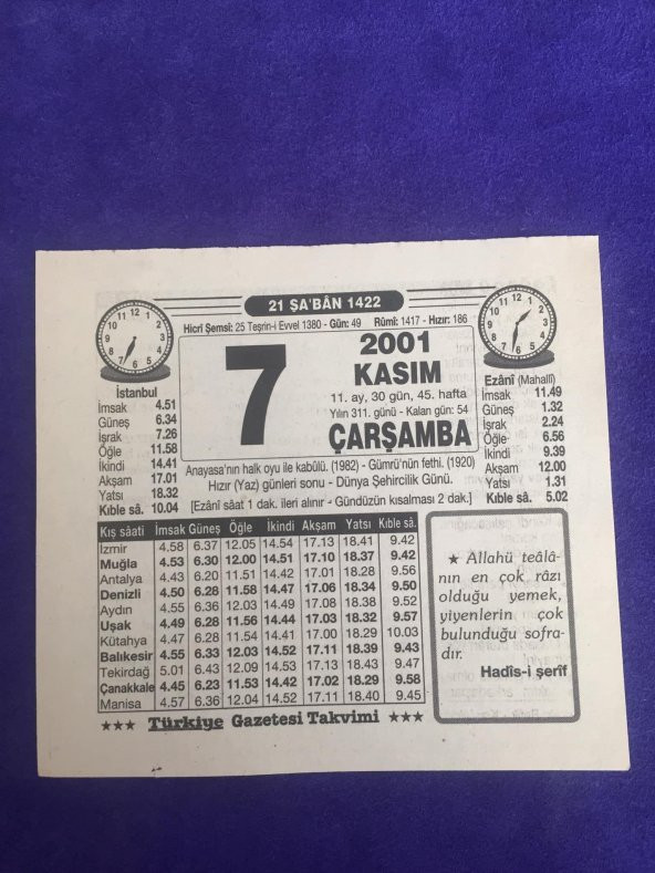 7 Kasım 2001 Takvim Yaprağı - Nostalji Koleksiyonluk Takvim Yaprağı B ürün görseli