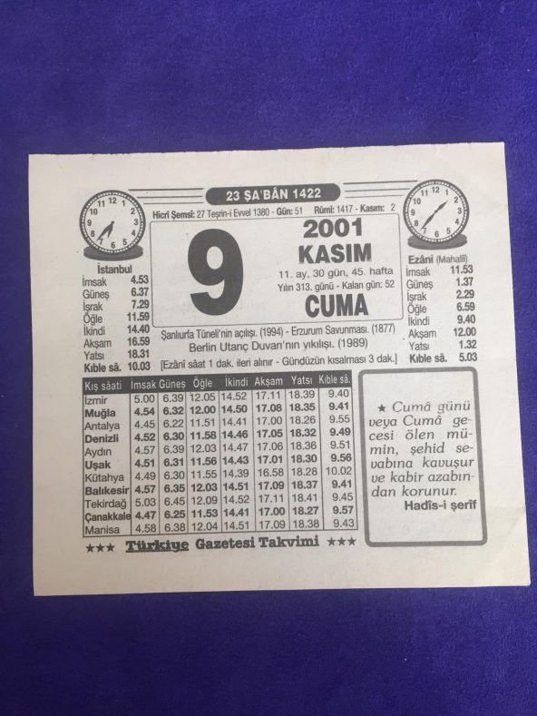 9 Kasım 2001 Takvim Yaprağı - Nostalji Koleksiyonluk Takvim Yaprağı B ürün görseli