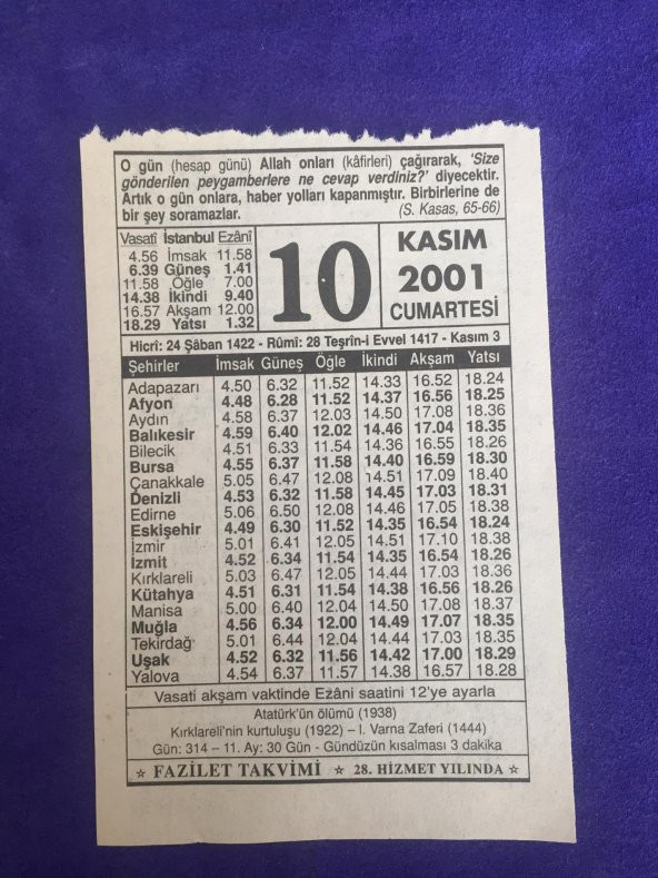 10 Kasım 2001 Takvim Yaprağı - Nostalji Koleksiyonluk Takvim Yaprağı