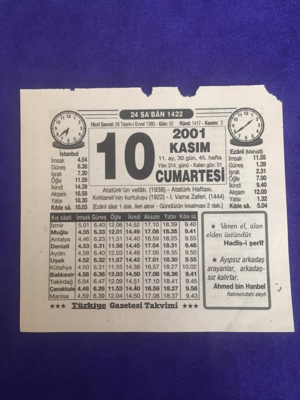 10 Kasım 2001 Takvim Yaprağı - Nostalji Koleksiyonluk Takvim Yaprağı B ürün görseli