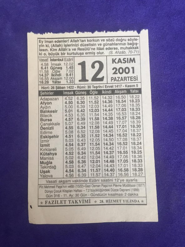 12 Kasım 2001 Takvim Yaprağı - Nostalji Koleksiyonluk Takvim Yaprağı ürün görseli