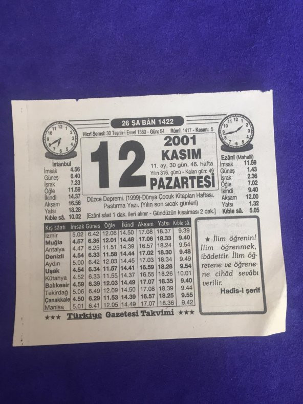 12 Kasım 2001 Takvim Yaprağı - Nostalji Koleksiyonluk Takvim Yaprağı B