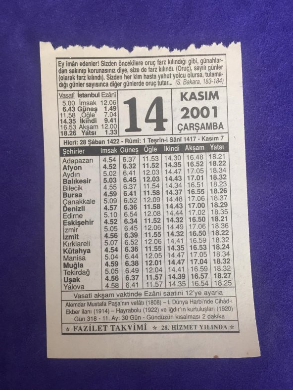 14 Kasım 2001 Takvim Yaprağı - Nostalji Koleksiyonluk Takvim Yaprağı ürün görseli