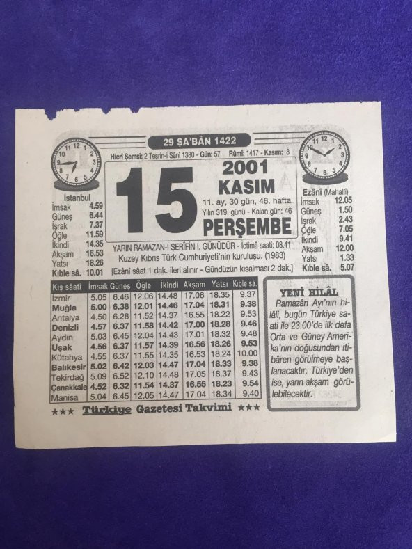 15 Kasım 2001 Takvim Yaprağı - Nostalji Koleksiyonluk Takvim Yaprağı B ürün görseli