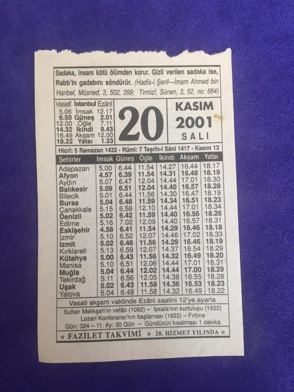 20 Kasım 2001 Takvim Yaprağı - Nostalji Koleksiyonluk Takvim Yaprağı ürün görseli