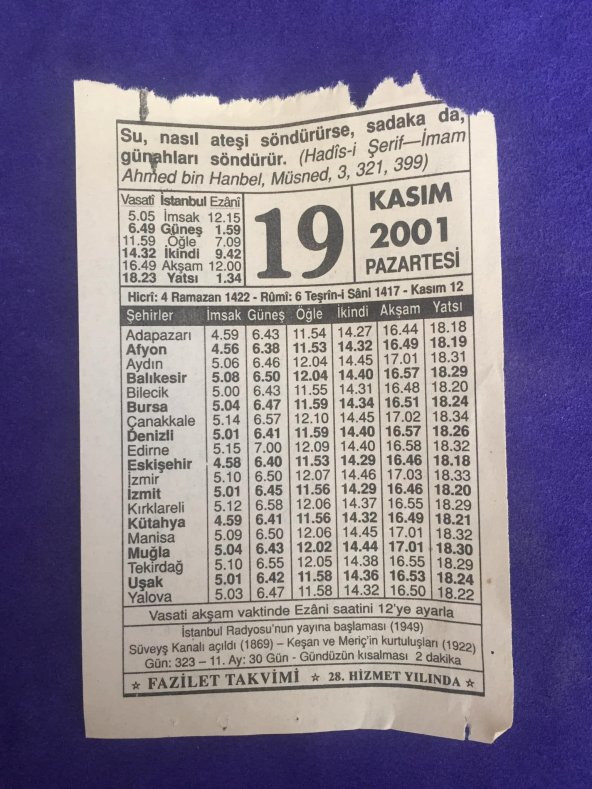 19 Kasım 2001 Takvim Yaprağı - Nostalji Koleksiyonluk Takvim Yaprağı ürün görseli