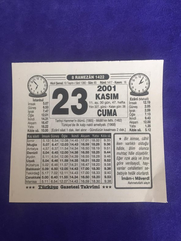 23 Kasım 2001 Takvim Yaprağı - Nostalji Koleksiyonluk Takvim Yaprağı B ürün görseli