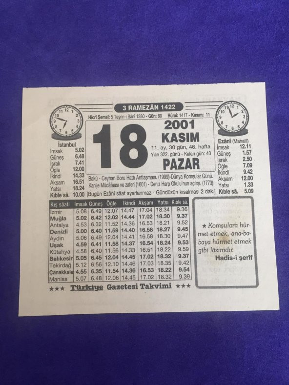 18 Kasım 2001 Takvim Yaprağı - Nostalji Koleksiyonluk Takvim Yaprağı B