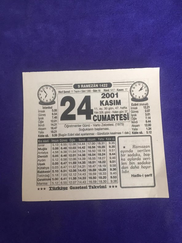 24 Kasım 2001 Takvim Yaprağı - Nostalji Koleksiyonluk Takvim Yaprağı B ürün görseli