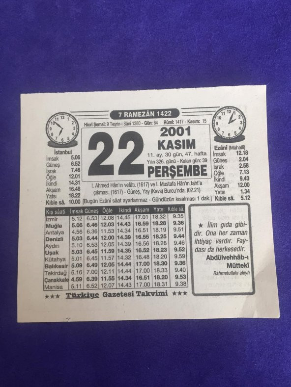 22 Kasım 2001 Takvim Yaprağı - Nostalji Koleksiyonluk Takvim Yaprağı B ürün görseli