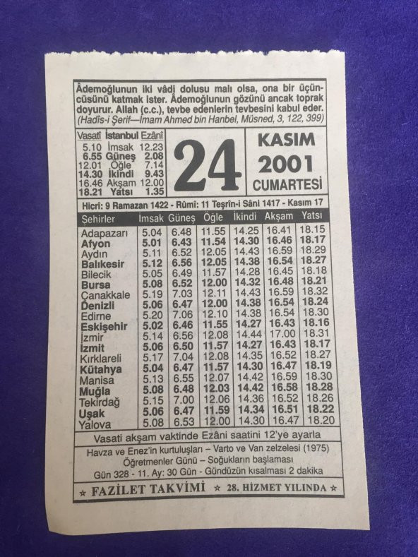 24 Kasım 2001 Takvim Yaprağı - Nostalji Koleksiyonluk Takvim Yaprağı ürün görseli