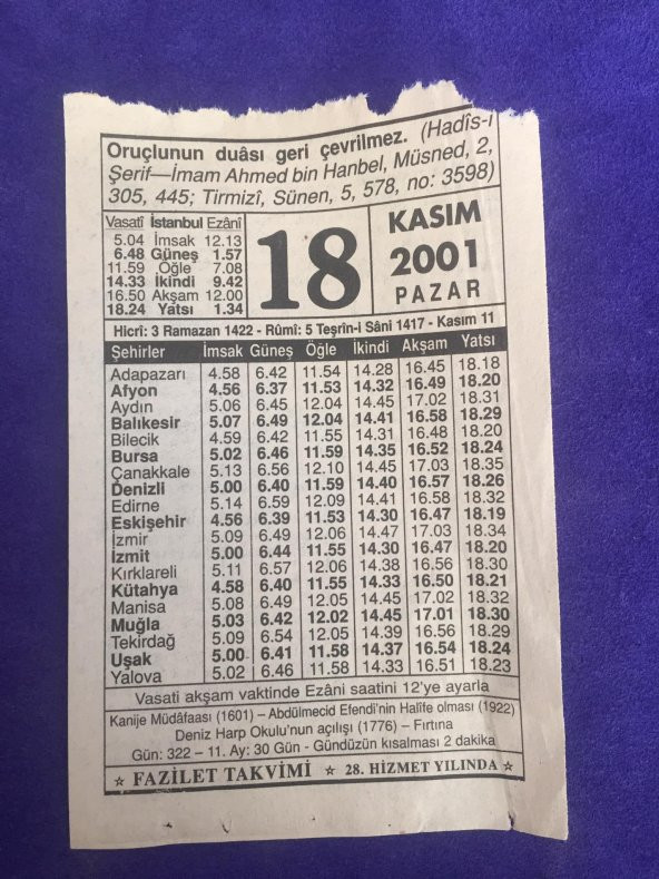 18 Kasım 2001 Takvim Yaprağı - Nostalji Koleksiyonluk Takvim Yaprağı ürün görseli