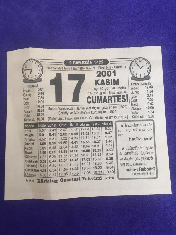 17 Kasım 2001 Takvim Yaprağı - Nostalji Koleksiyonluk Takvim Yaprağı B ürün görseli