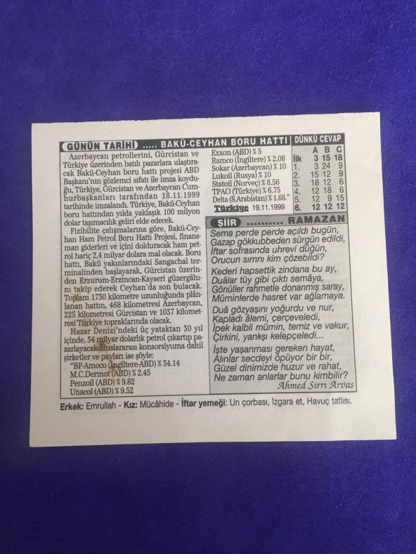 18 Kasım 2001 Takvim Yaprağı - Nostalji Koleksiyonluk Takvim Yaprağı B - 2