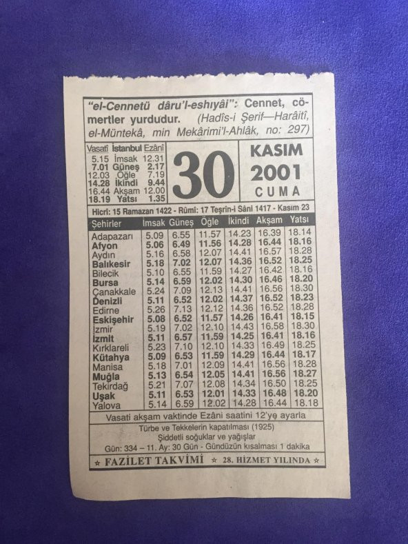 30 Kasım 2001 Takvim Yaprağı - Nostalji Koleksiyonluk Takvim Yaprağı ürün görseli
