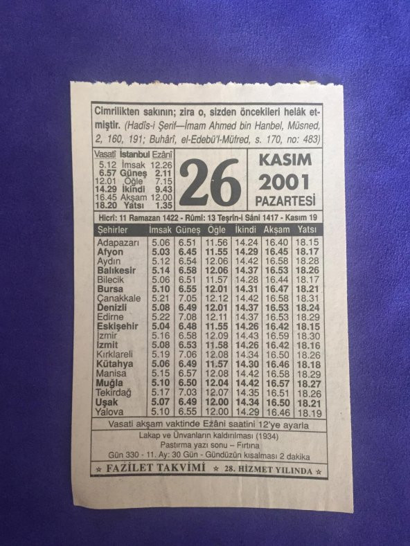 26 Kasım 2001 Takvim Yaprağı - Nostalji Koleksiyonluk Takvim Yaprağı ürün görseli
