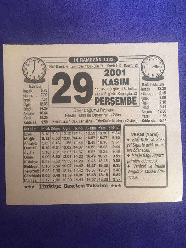 29 Kasım 2001 Takvim Yaprağı - Nostalji Koleksiyonluk Takvim Yaprağı B ürün görseli
