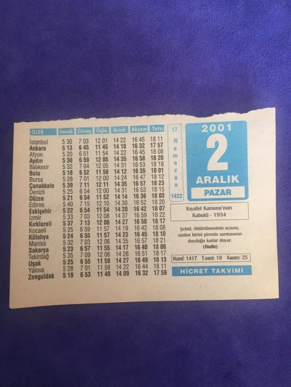 2 Aralık 2001 Takvim Yaprağı - Nostalji Koleksiyonluk Takvim Yaprağı B ürün görseli