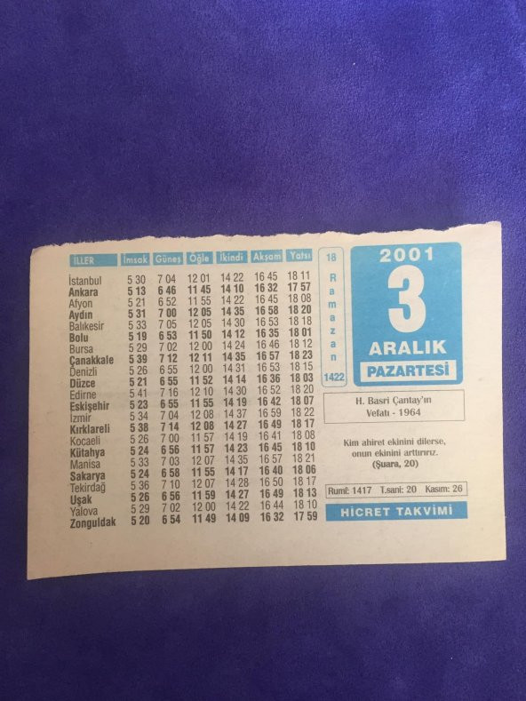 3 Aralık 2001 Takvim Yaprağı - Nostalji Koleksiyonluk Takvim Yaprağı C