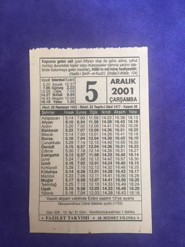 5 Aralık 2001 Takvim Yaprağı - Nostalji Koleksiyonluk Takvim Yaprağı