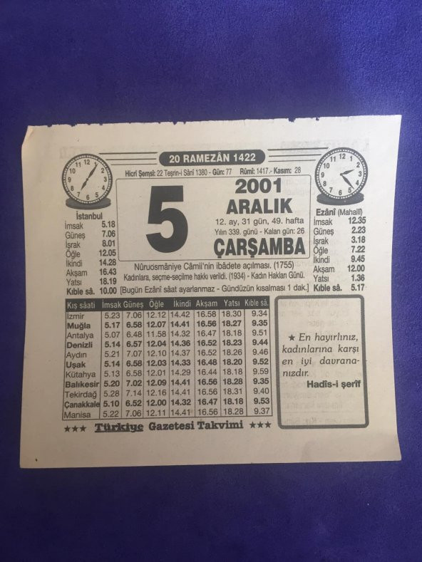 5 Aralık 2001 Takvim Yaprağı - Nostalji Koleksiyonluk Takvim Yaprağı B