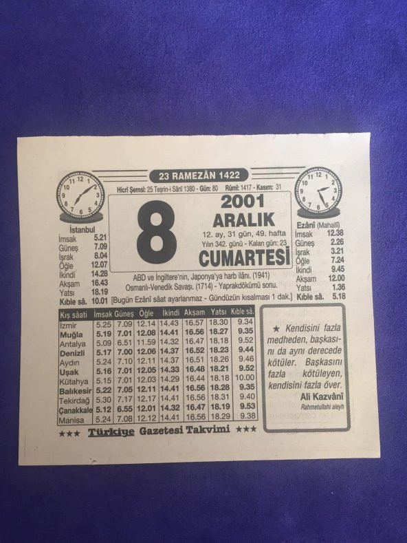 8 Aralık 2001 Takvim Yaprağı - Nostalji Koleksiyonluk Takvim Yaprağı ürün görseli
