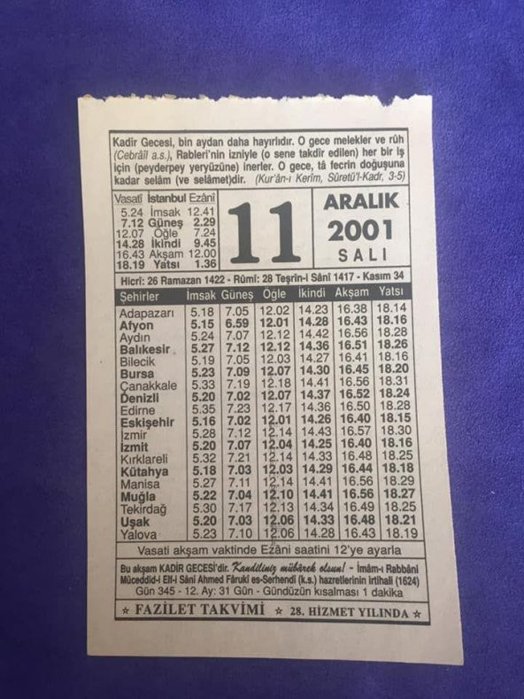 11 Aralık 2001 Takvim Yaprağı - Nostalji Koleksiyonluk Takvim Yaprağı