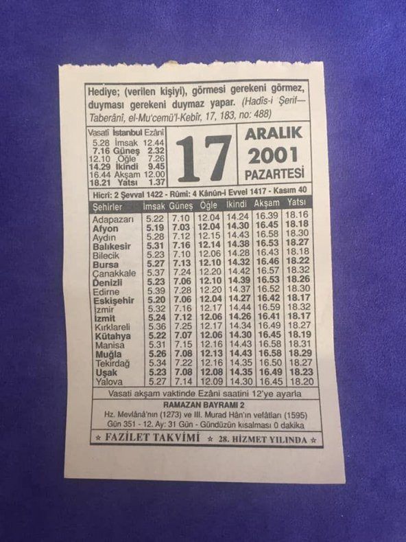 17 Aralık 2001 Takvim Yaprağı - Nostalji Koleksiyonluk Takvim Yaprağı ürün görseli