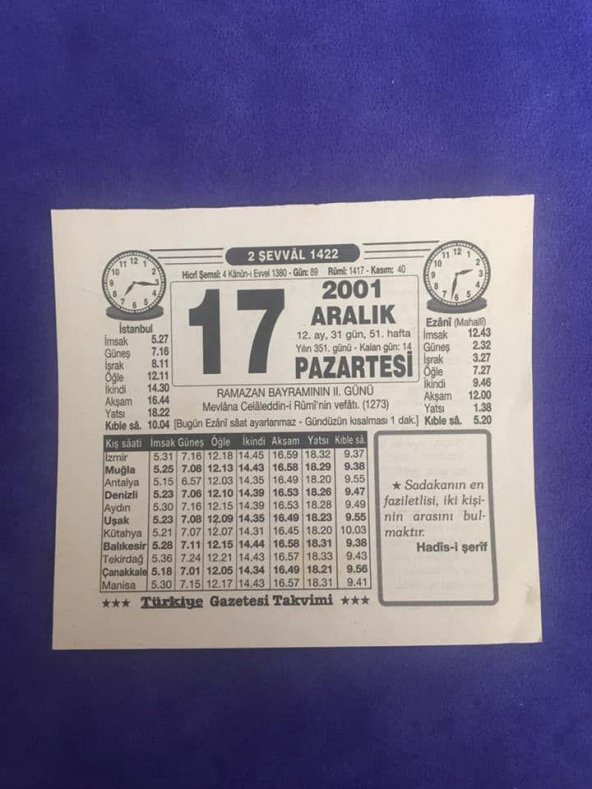17 Aralık 2001 Takvim Yaprağı - Nostalji Koleksiyonluk Takvim Yaprağı B ürün görseli