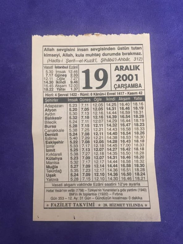 19 Aralık 2001 Takvim Yaprağı - Nostalji Koleksiyonluk Takvim Yaprağı ürün görseli