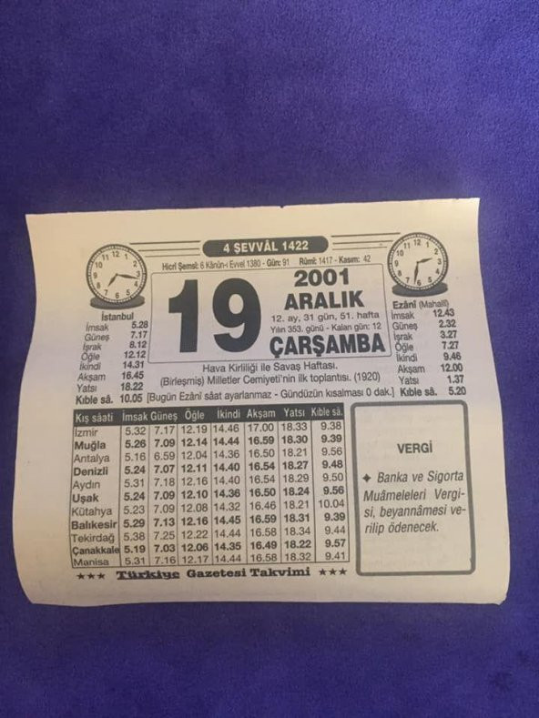 19 Aralık 2001 Takvim Yaprağı - Nostalji Koleksiyonluk Takvim Yaprağı B ürün görseli