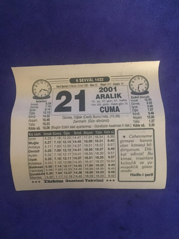 21 Aralık 2001 Takvim Yaprağı - Nostalji Koleksiyonluk Takvim Yaprağı B ürün görseli