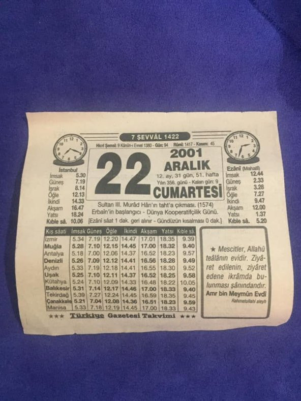 22 Aralık 2001 Takvim Yaprağı - Nostalji Koleksiyonluk Takvim Yaprağı B ürün görseli