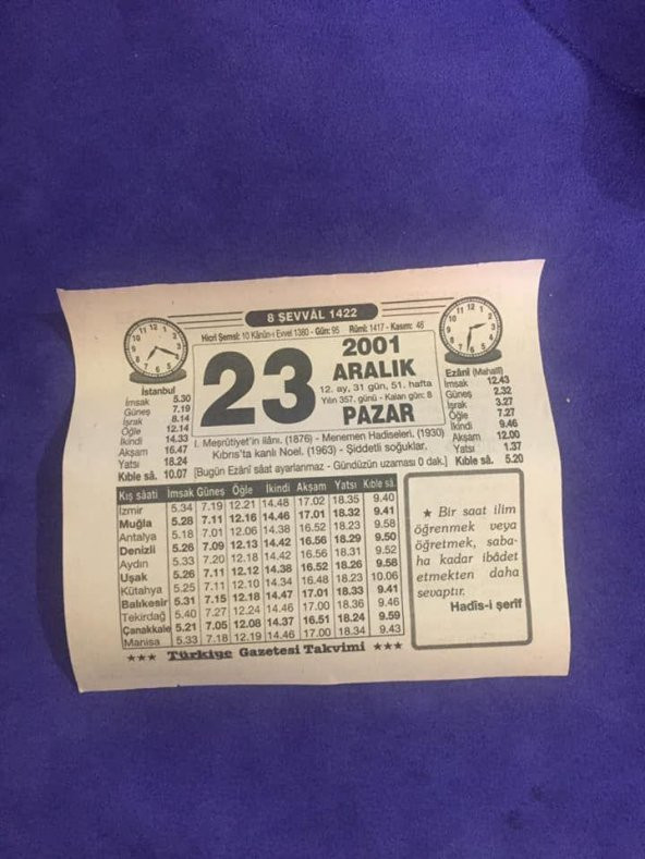 23 Aralık 2001 Takvim Yaprağı - Nostalji Koleksiyonluk Takvim Yaprağı B ürün görseli